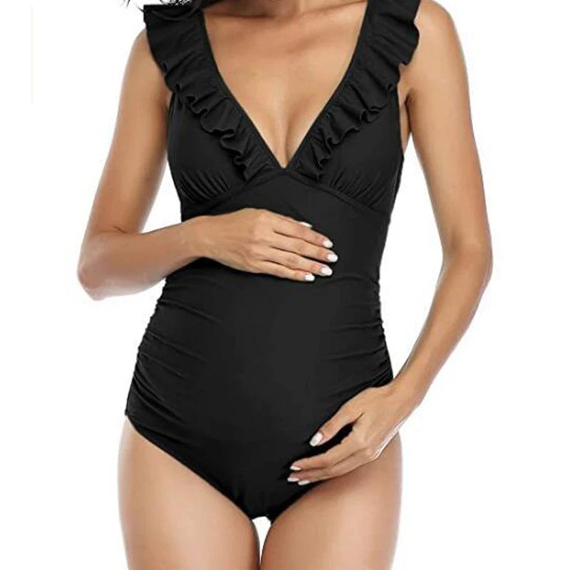 Costume da Bagno Premaman Intero con Volant e Scollo a V – Monokini Maternità con Lacci sul Retro, S–XL,4 Colori