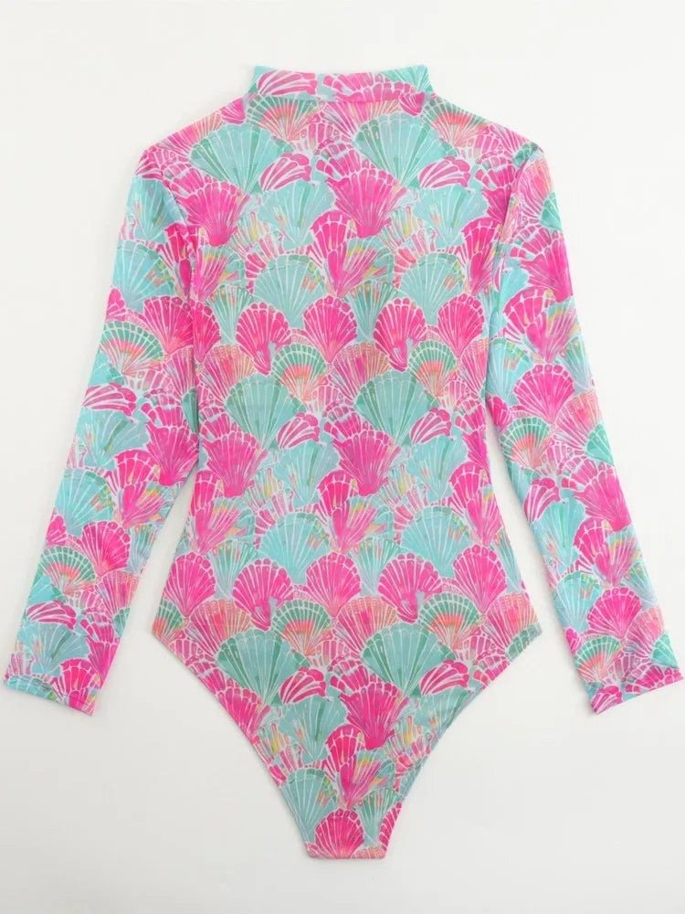 Costume Intero Donna Rashguard Manica Lunga con Zip Frontale e Stampa Floreale