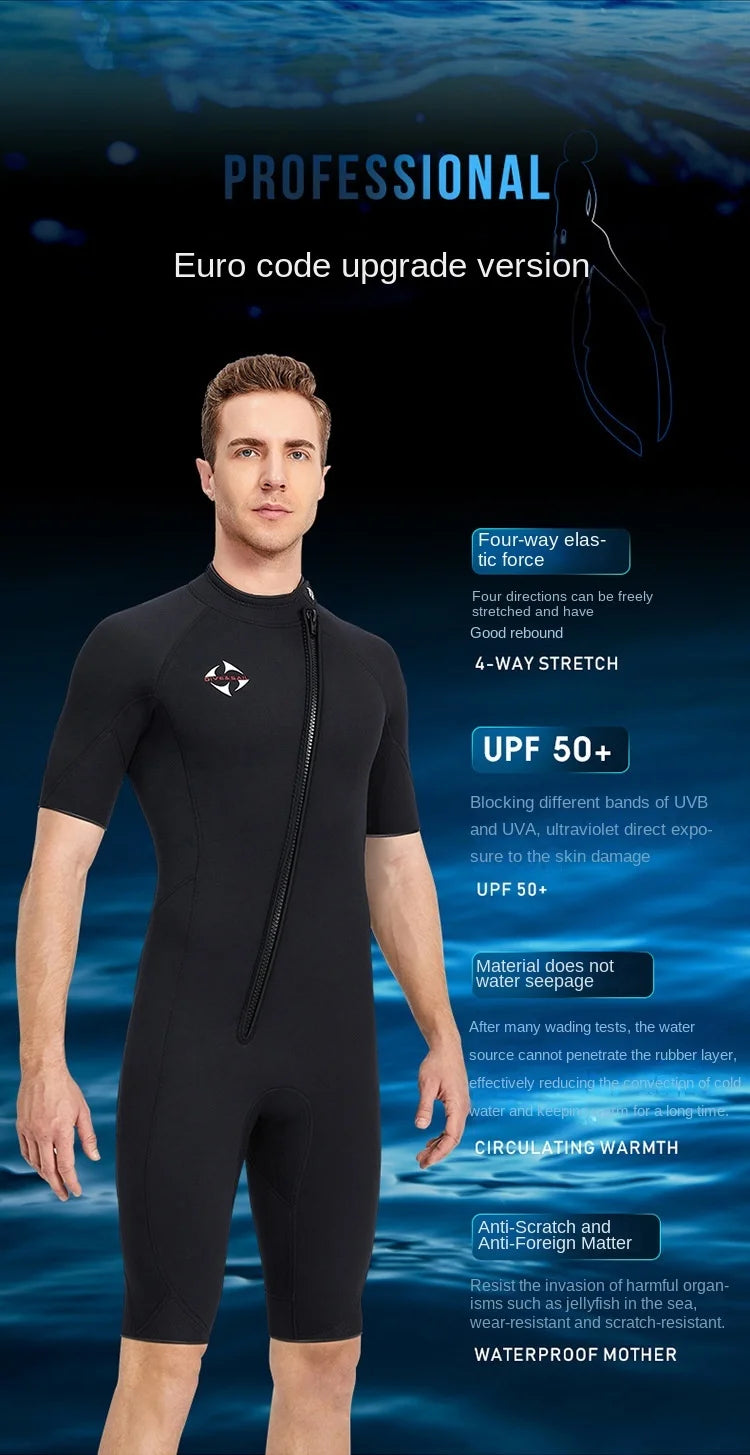 Muta Shorty Uomo 3mm Neoprene Manica Corta Cerniera Obliqua per Immersioni Snorkeling Surf