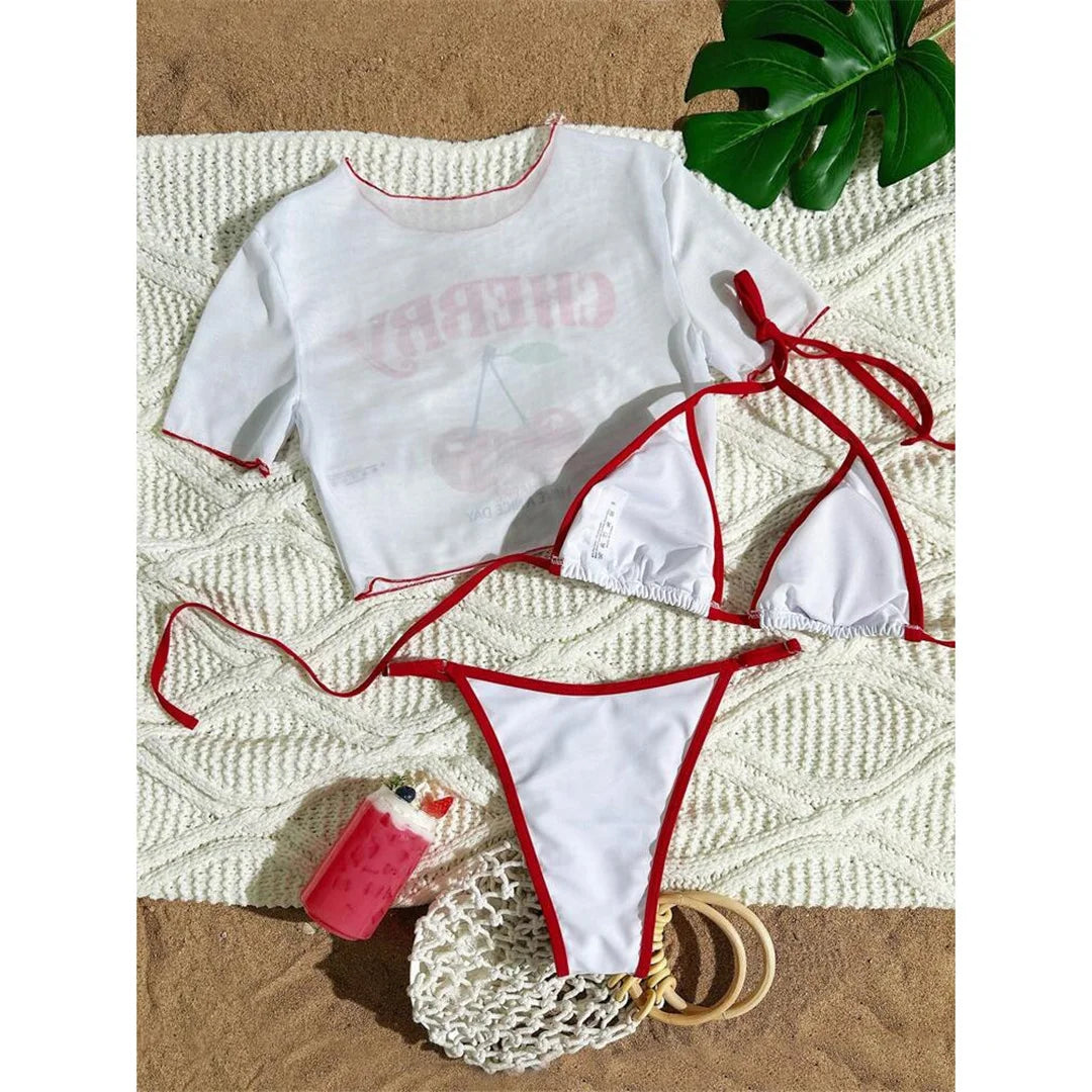 Set Bikini Tre Pezzi Donna Stampa Ciliegia, Top + Bikini a Triangolo