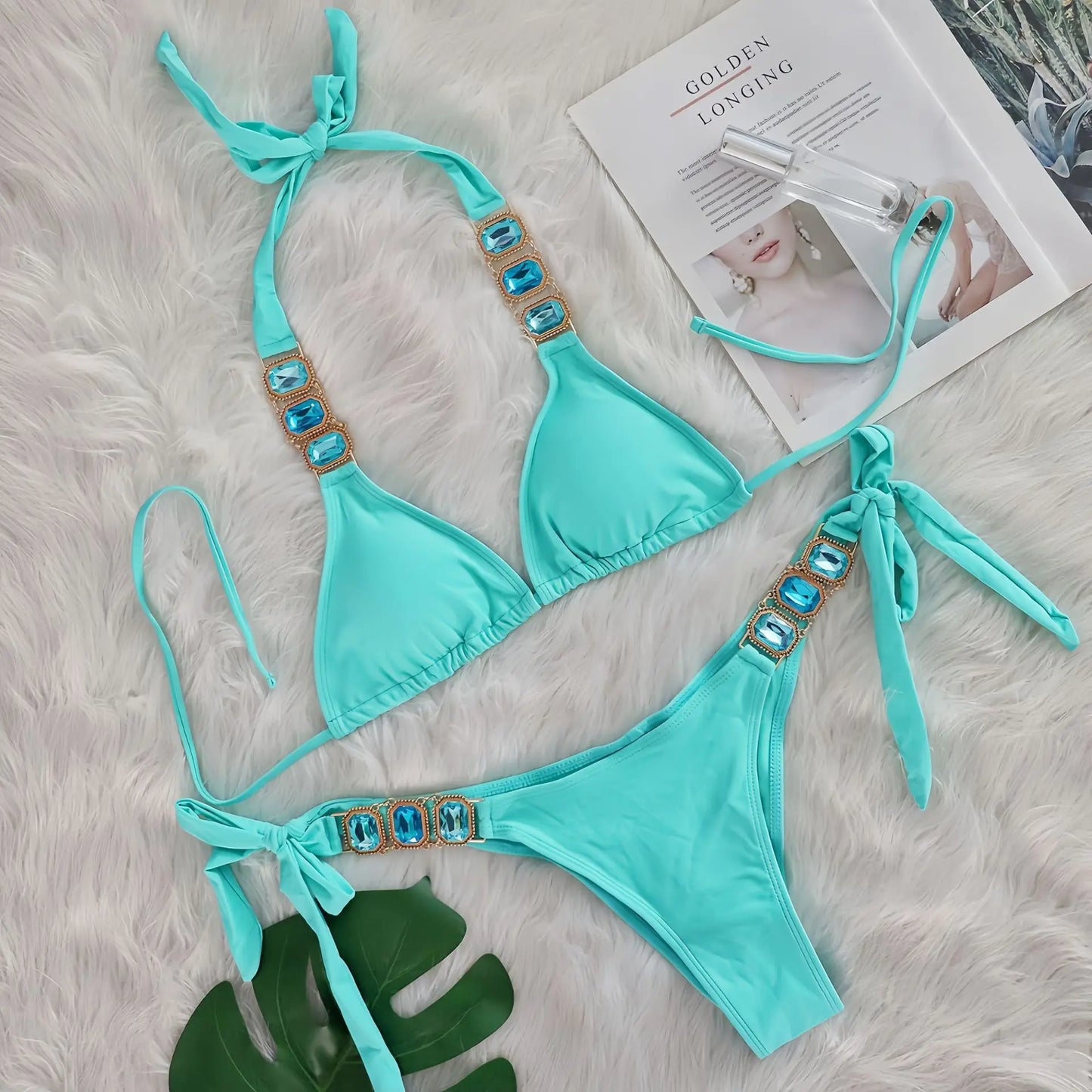 Bikini Donna Due Pezzi con Laccetti Sottili e Strass
