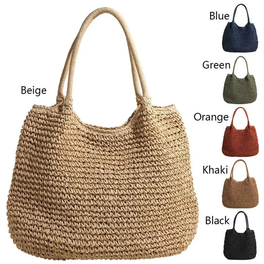 Borsa da Spiaggia in Paglia Intrecciata – Tote Bag Vintage a Spalla, Grande Capacità, 47×37 cm 6 Colori