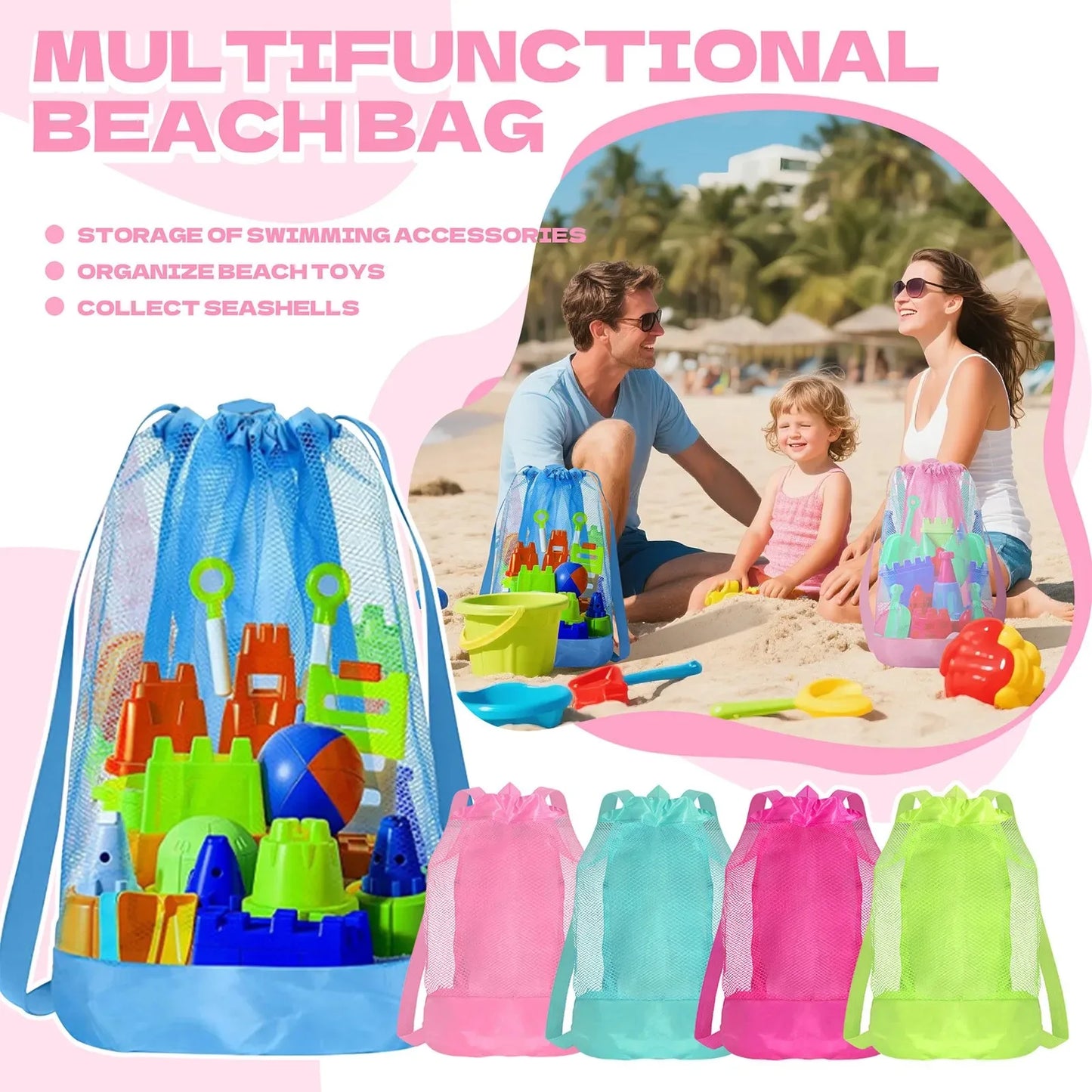 Borsa da Spiaggia in Rete con Coulisse per Bambini – Anti-Sabbia, Spalline Regolabili, 23×50 cm, 5 Colori