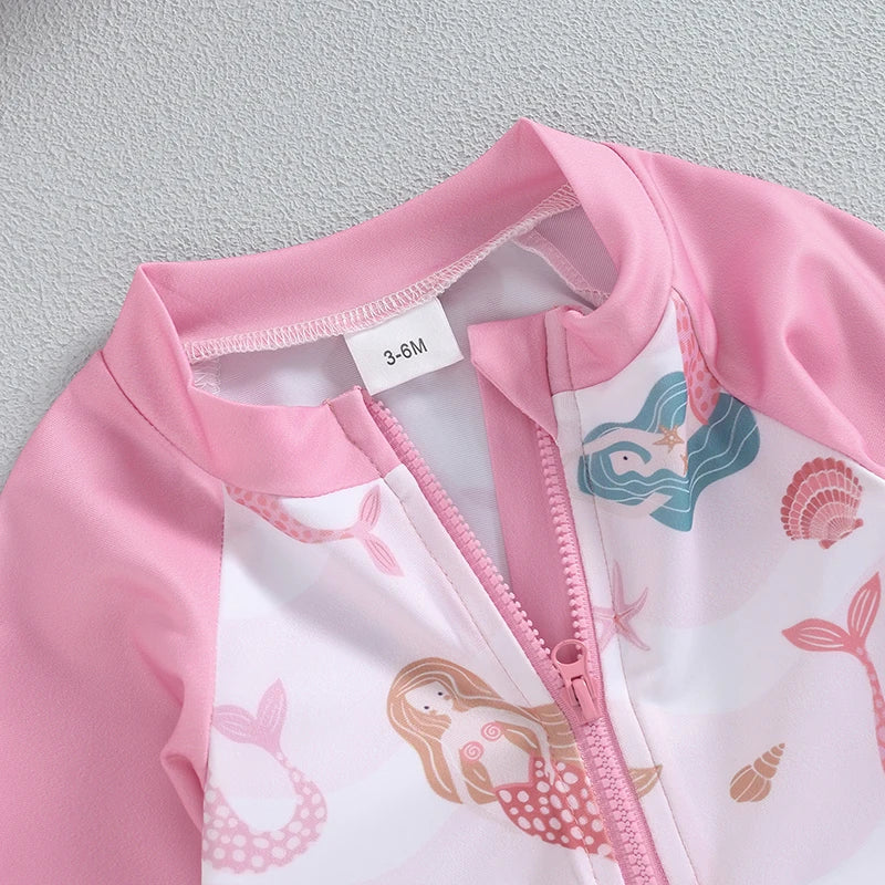 Costume da Bagno per Bambina con Cappellino Falda Larga Stampa Stelle Marine Rosa