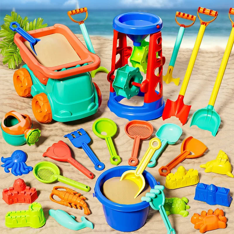 Set 31 Pezzi Giocattoli da Spiaggia per Bambini – Secchio, Pale, Stampi Dinosauri e Buggy