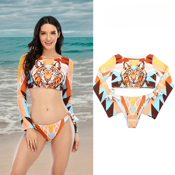 Costume da Bagno Donna Due Pezzi Manica Lunga Stampa Animalier