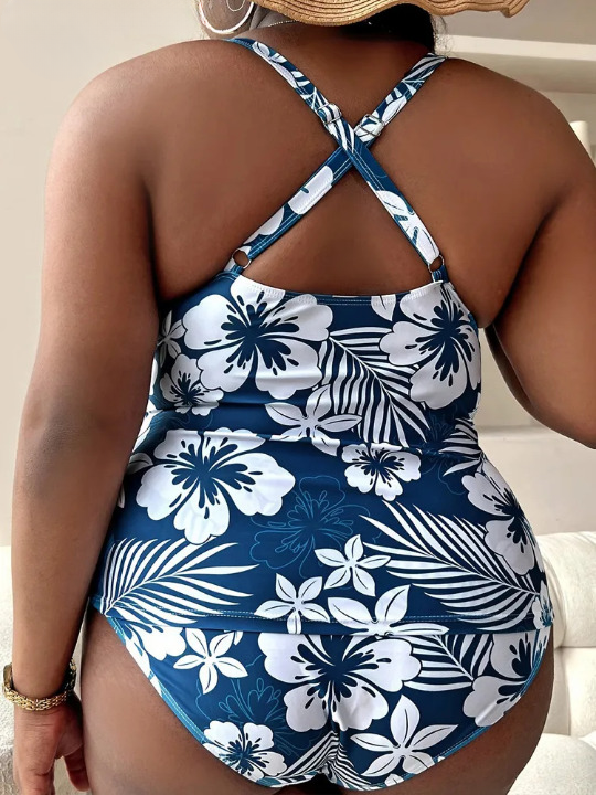 Tankini Plus Size Donna con Scollo a V e Push-Up Incrociato – Stampa Floreale Blu 0XL–5XL