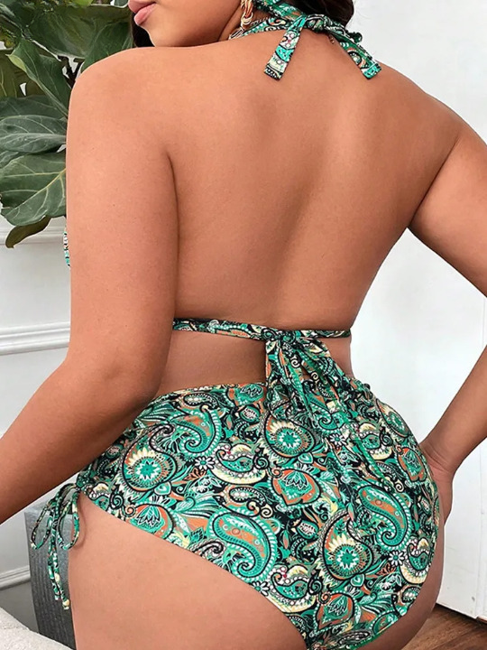Bikini Plus Size Donna Verde con Stampa Paisley e Allacciatura Halter – 0XL–4XL