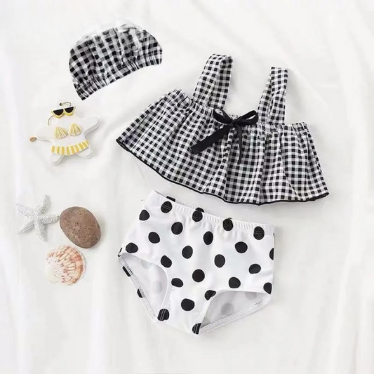 Costume da Bagno per Bambina 3 Pezzi con Cuffia – Bikini Stile Coreano a Quadri con Fiocco Farfalla, 10–30 kg Bianco e Nero
